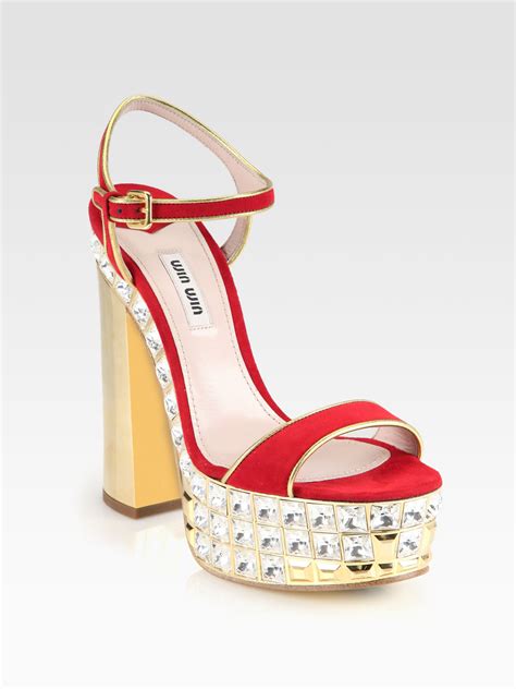 miu miu jeweled heel sandal|Women's suede and leather sandals .